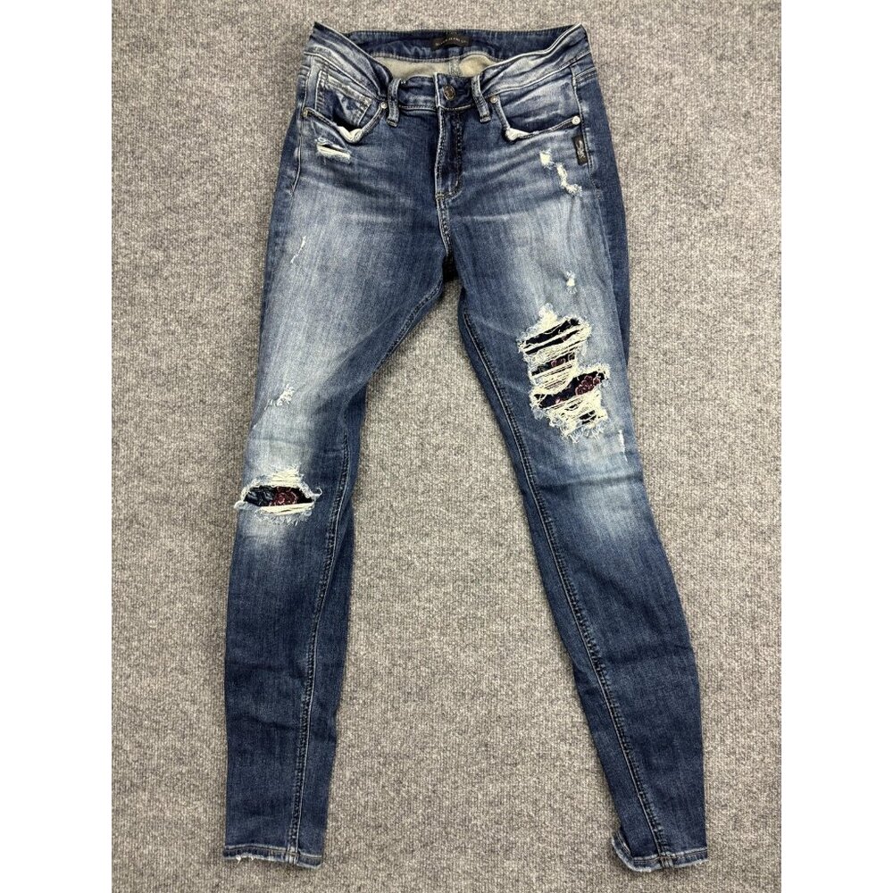 Silver Jeans Co Avery Skinny Jeans Womens W28 L31 Blue Distressed‎ Embroidered